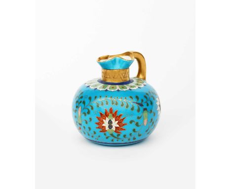 A Mintons Pottery Cloisonne jug the design attributed to Dr Christopher Dresser, shape 478, ovoid with flaring, pinched neck,