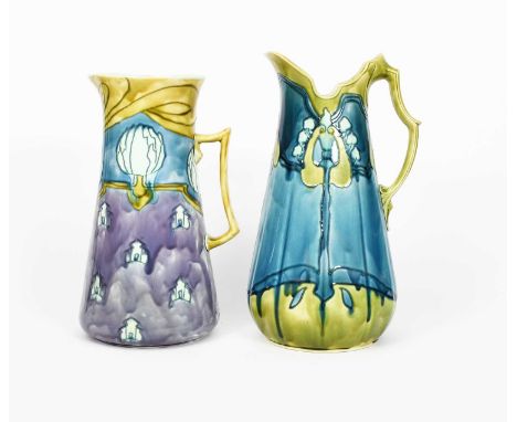 A Mintons Pottery Secessionist ewer designed by John Wadsworth and Leon Solon, model no.3, tapering cylindrical form with pul