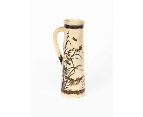 A Martin Brothers stoneware ewer by Robert Wallace Martin, dated 1888, tapering cylindrical form, incised with birds and a bu