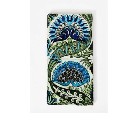 A William De Morgan Early Fulham Period Mongolian two tile panel, painted with Persian flowers in shades of blue, aubergine a