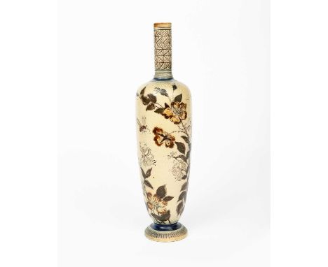 A tall Martin Brothers stoneware vase by Robert Wallace Martin, slender baluster form, incised and painted with large finches