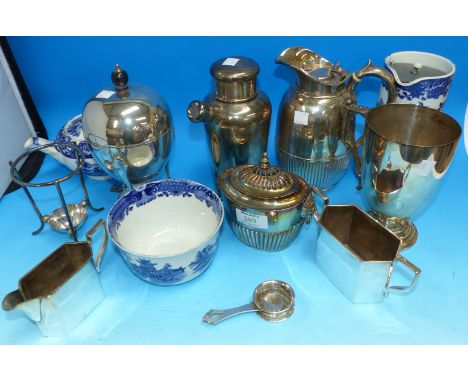 An EPNS Adam style tea caddy; an egg coddler; cocktail shaker; etc.; 3 pieces of blue and white china