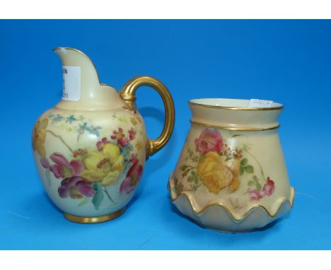 A Royal Worcester porcelain peach ground jug decorated with flowers, 4½" (2 minor chips to spout); and a similar vase