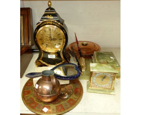 A reproduction black and gilt lacquer mantel clock; an onyx cigarette box and pen stand; metalware; etc.