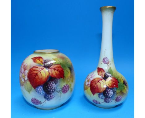 A Royal Worcester slender neck vase decorated with brambles, by K. Blake, height 5"
