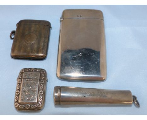 A silver card case; 2 Vesta cases and another item