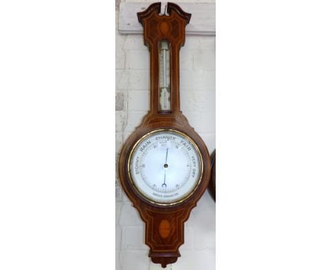 An Edwardian inlaid mahogany aneroid barometer with thermometer