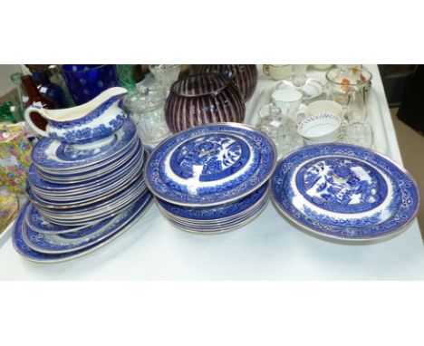 A selection of blue and white dinnerware; a floral tea service; etc.