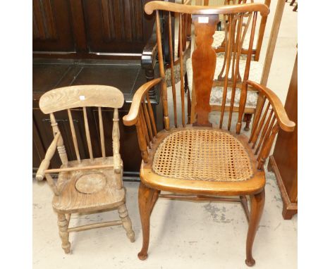 An early 20th century stick back cane seat armchair on cabriole legs; a 19th century child's elm and stick back commode chair