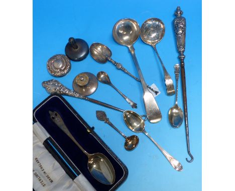 A silver sauce ladle, Glasgow 1837; a silver sifter spoon and other silver pieces