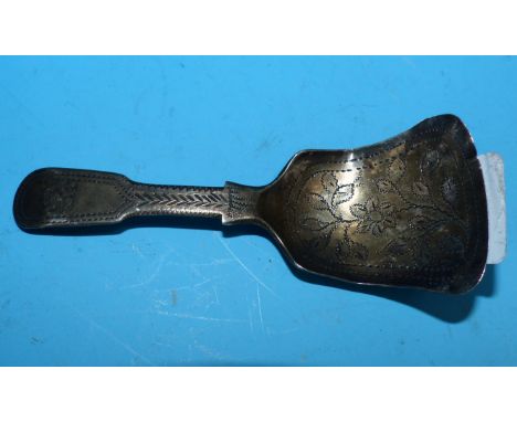 A 19th century silver caddy spoon, Birmingham 1839; a silver and mother-of-pearl penknife; a pair of opera glasses; EPNS cutl