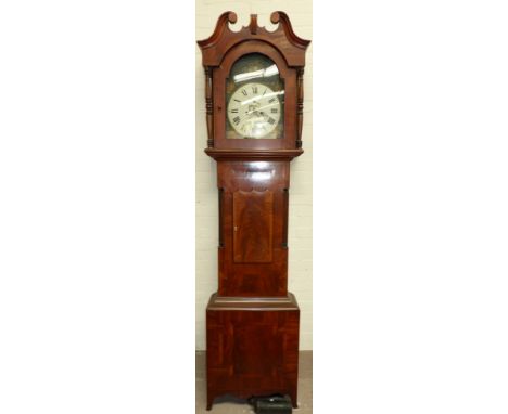 A mid-19th century flame mahogany veneered longcase clock with 8 day movement, painted arched dial by Richard Roxborough of O