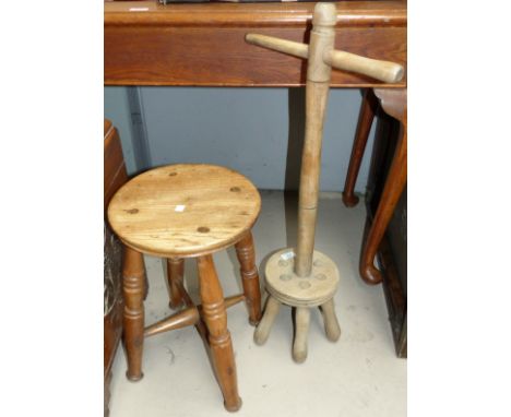 A set of dolly legs; a 19th century elm kitchen stool; a lightwood dressing table mirror