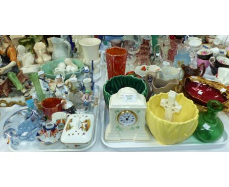 A Belleek mantel clock and a Celtic cross; a Carltonware Rouge Royale dish; a selection of decorative china and glass 
