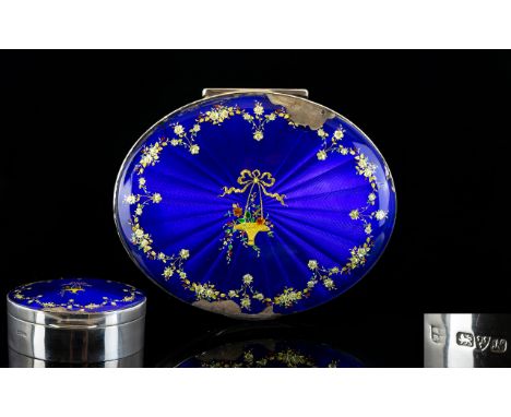 Sterling Silver Oval Shaped Hinged Lidded Box with Enamel Top Inlaid In Gold and Silver Floral Decoration. Chester 1913 Hallm