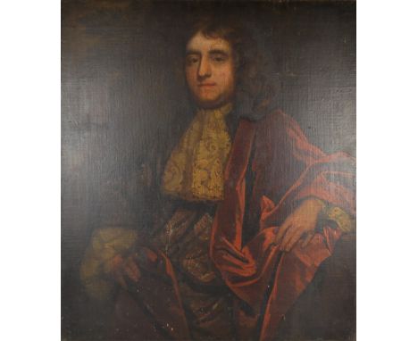 18th CENTURY CONTINENTAL SCHOOL; oil on canvas, portrait of a gentleman seated in red robe with lace cravat, 95 x 83cm.   CON