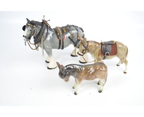 A Melba Ware shire horse, in dapple grey, height 28cm, a saddled donkey 'Neddy' and a further donkey figure (af).   CONDITION