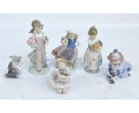 LLADRO;  six figures; girl with pigtails in dungarees, girl with basket of flowers, a girl holding a bowl of oranges, a clown