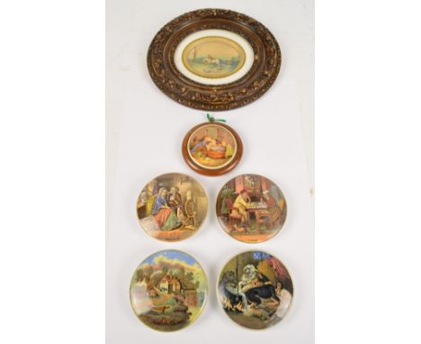 Four 19th century Staffordshire Prattware type pot lids including 'Persuasion', 'A Pair' and 'Pegwell Bay, Established 1760',