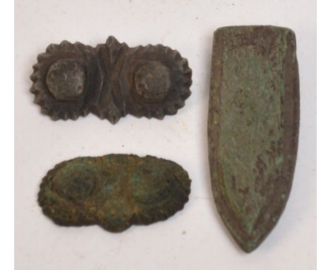 Three Viking bronze part belt mounts.