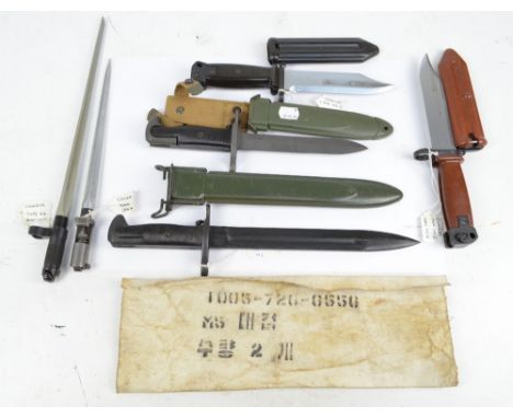 Six Chinese bayonets; two AKM type II early AK74, one black colouring, one with terracotta colouring, a type 56 triangular, a