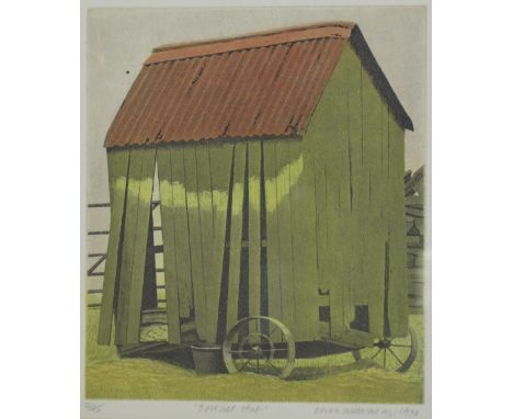 DEREK WILKINSON (1929-2001); a signed limited edition coloured print, 'Dewlitt Hut', 12/45, dated 1990, 26 x 22cm, framed and