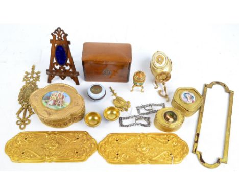 A small quantity of collectors' items including a miniature easel, oval trinket box with portrait medallion, card box, pair o
