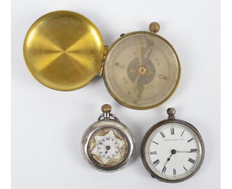 A c.1900 silver crown wind fob watch with circular chapter ring set with Arabic numerals, an 800 grade silver fob watch with 