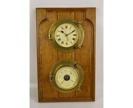 SALOON; a modern brass cased ship's 'Nauticalia' barometer and matching clock set with Roman numerals, both mounted on a rect