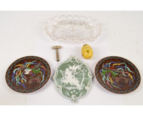 A small group of items including a green jasperware oval plaque depicting Cupid and Psyche in garden, height 19cm, stamped 46
