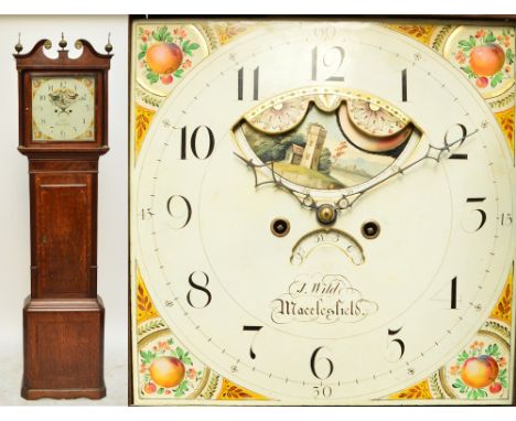 J. WILDE OF MACCLESFIELD; an 18th century oak and inlaid eight day longcase clock, the broken swan neck with brass volutes an