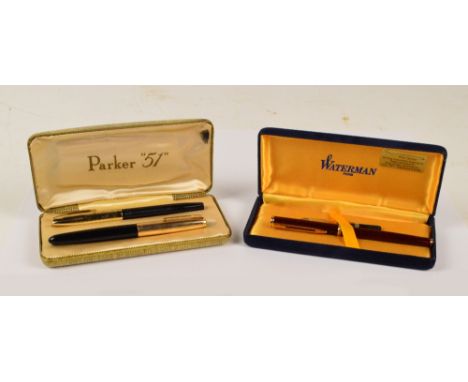 A Parker fountain pen with 12ct rolled gold engine turned decorated cap, a similar Sheaffer example with 14ct yellow gold nib