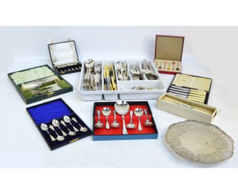 A quantity of silver plated items including a Mappin & Webb pierced dish on circular foot, a quantity of silver plated flatwa