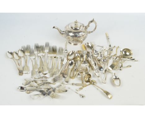 A group of electroplated flatware including fiddle pattern examples by James Dixon & Sons, various pickle forks including two