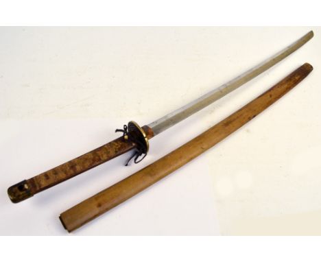 A Japanese katana for restoration, lacking grip, with beaten tsuba, length of blade 66.5cm, with scabbard.