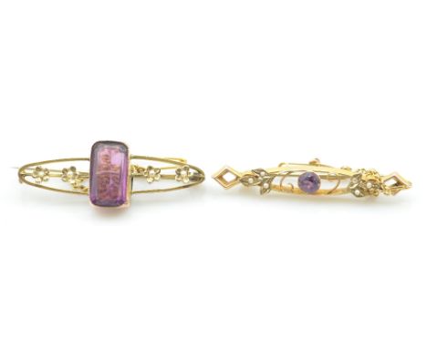 An Edwardian 9ct yellow gold amethyst and seed cultured pearl pierced brooch, and a further  9ct gold pierced seed cultured p