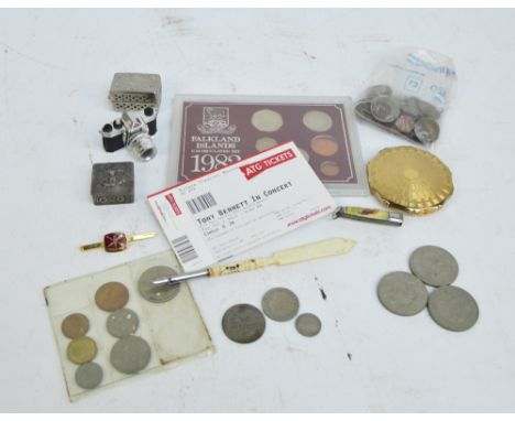 A quantity of collectors' items including a bone paper knife and dip pen with Stanhope, a white metal pill box of square form
