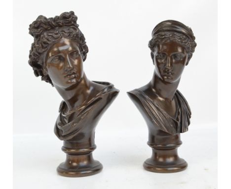 FERDINAND BARBEDIENNE; a pair of classical bronze busts modelled dexter and sinister, each on a socle plinth, both inscribed 