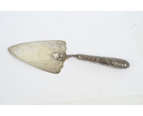 CHAWNER & CO (GEORGE ADAMS); a Victorian hallmarked silver presentation trowel with engraved and foliate scroll decoration, c