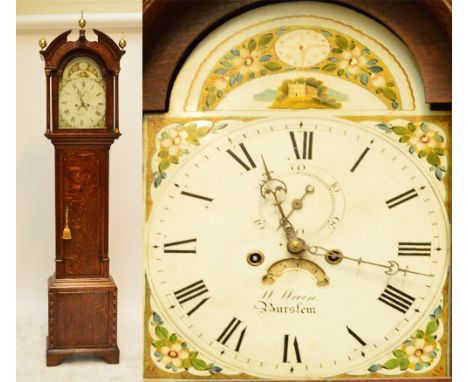 WILLIAM WAIN OF BURSLEM; an early 19th century oak eight day longcase clock, the domed broken pediment with brass finials abo