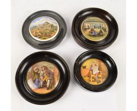 Four framed 19th century Staffordshire Prattware type pot lids, including 'Uncle Toby', diameter 11cm, and 'Philadelphia Exhi