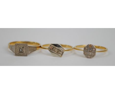 Three 18ct yellow gold rings including a single stone example in illusion square setting and decorative shanks, size K 1/2, M
