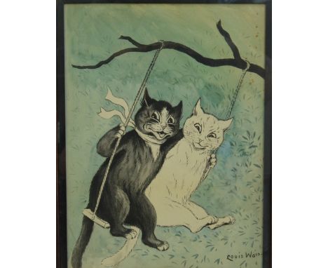 LOUIS WAIN (1860-1939); an ink and watercolour wash drawing, a black and a white cat on a swing with green background, signed