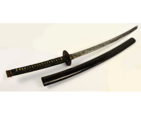 A Japanese wakizashi with shagreen bound grip and pierced tsuba, length of blade 49cm, in lacquered scabbard.