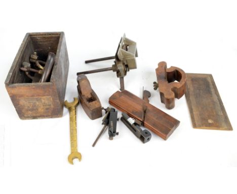 A quantity of old wooden planes, to include a boxed Stanley patent no.45 beading plane, a 1995 Flookburgh brass spanner, etc.