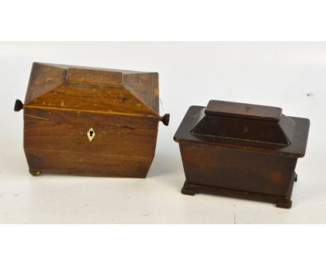 A 19th century sarcophagus tea caddy, 18.5 x 11.5cm, on stepped bracket feet, and a further earlier similar example (both af 