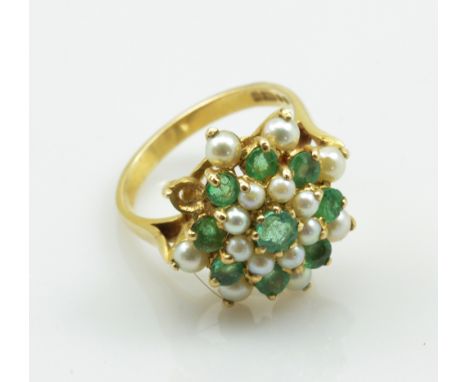 A 9ct yellow gold seed cultured pearl and green stone cluster ring, size L, London 1971, approx 4.6g.