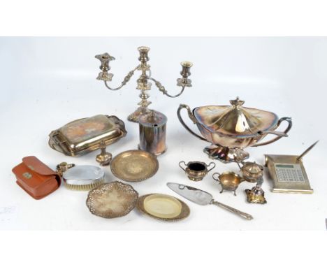 A quantity of plated items including a large soup tureen and ladle, a candelabrum, etc.