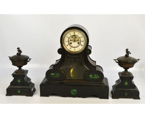 A large 19th century French black slate malachite inset mantel clock three piece garniture, the circular enamel two-piece dia
