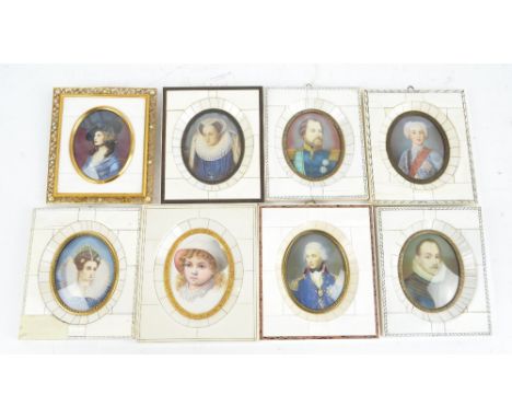 A group of eight early 20th century oval portrait miniatures in piano key frames. 
